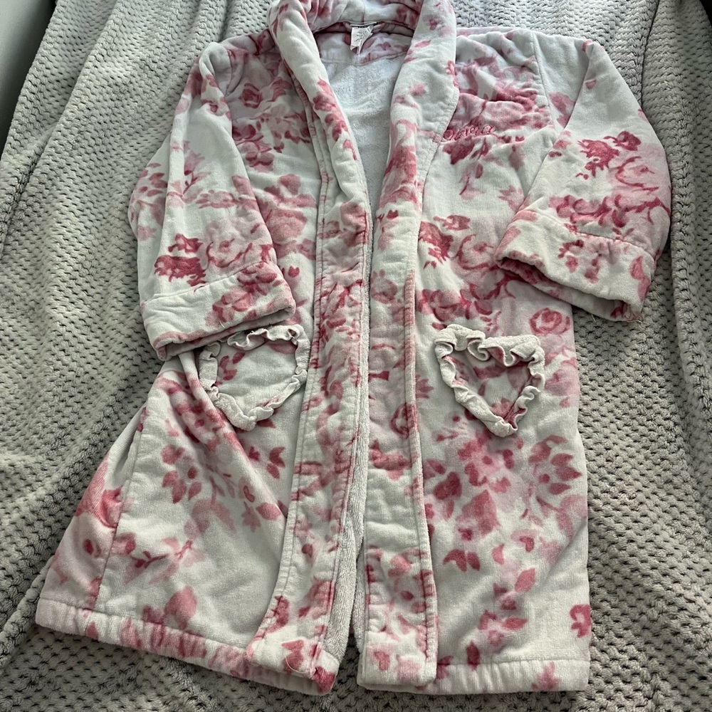 LoveShackFancy White Plush Robe with Pink Floral Accents